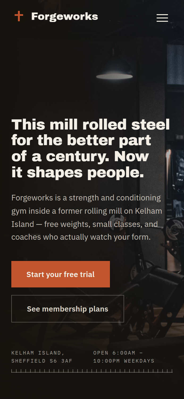 Forgeworks home page on a phone: the same headline with stacked “Start your free trial” and “See membership plans” buttons.
